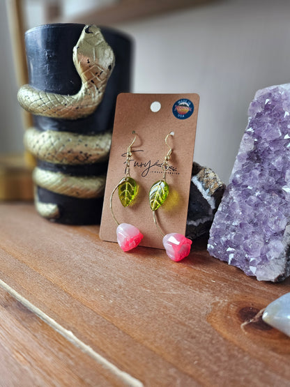 Glass Pink Tulip with Green Leaf Dangle Earrings