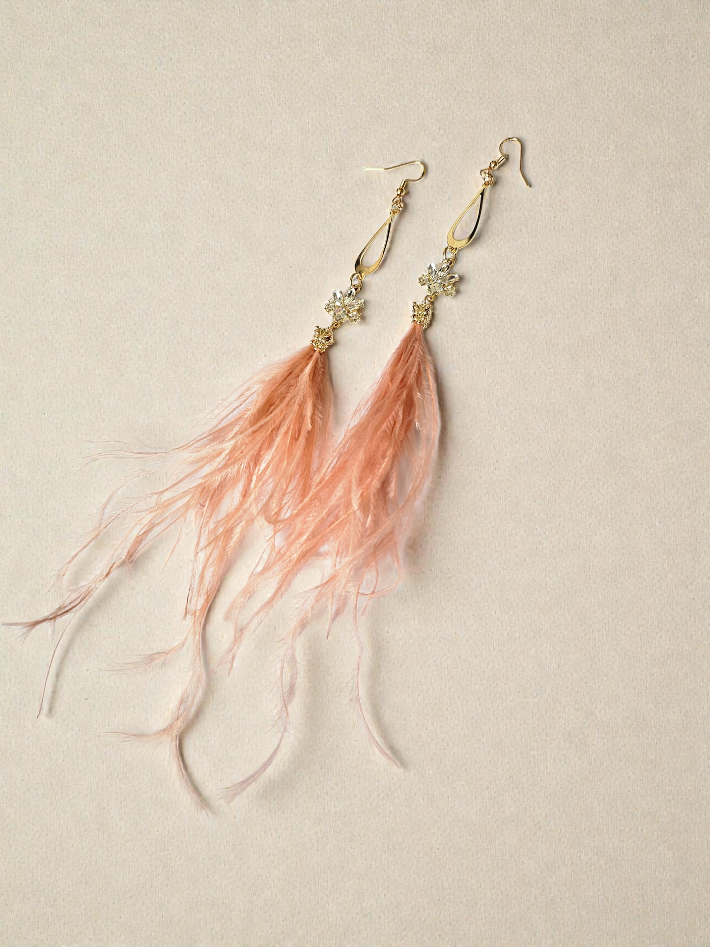 Glam Pink Feathers on Gold Dangle Long Dangle Earrings