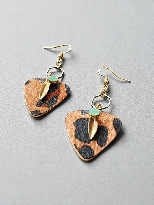 Upcycled Leopard Fir Guitar Pick on Geometric Golden Dangle Earrings