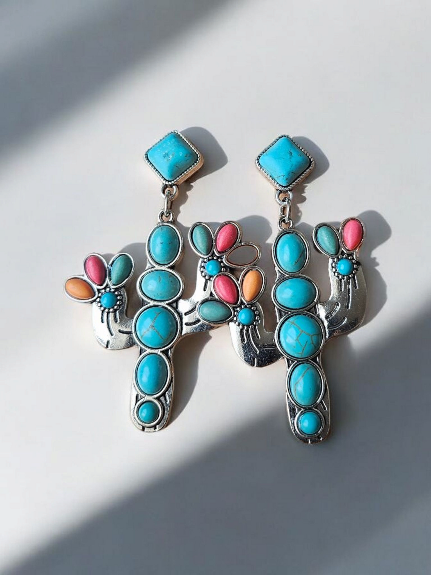 Colorful Teal Western Cactus Stud Earrings