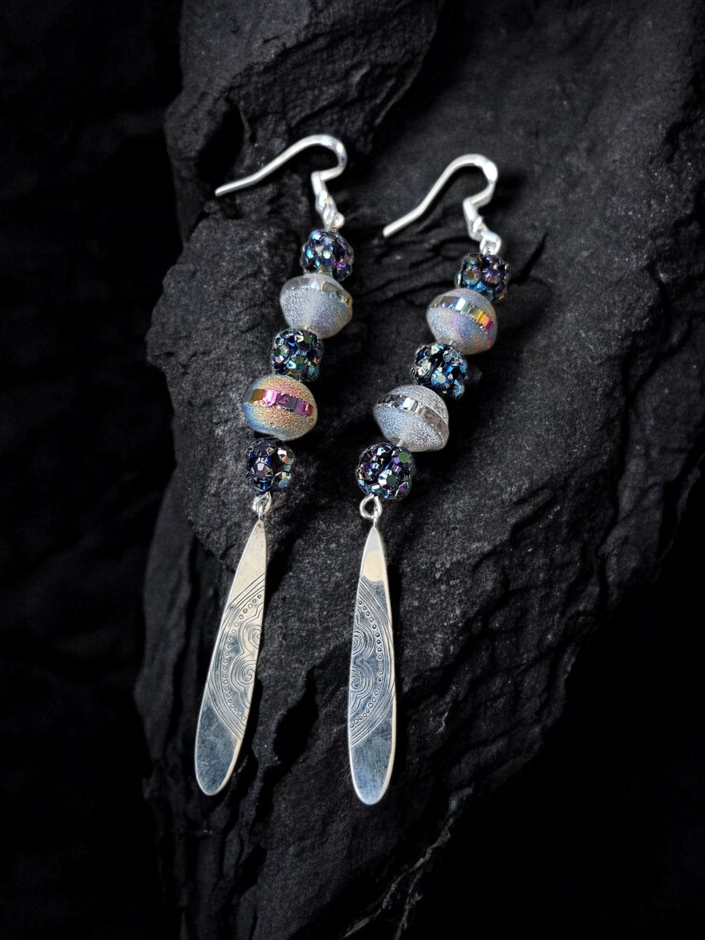 Upcycled Silver Charm Dangle Earrings With Space Bead Eco Friendly Lightweight Statement Jewelry