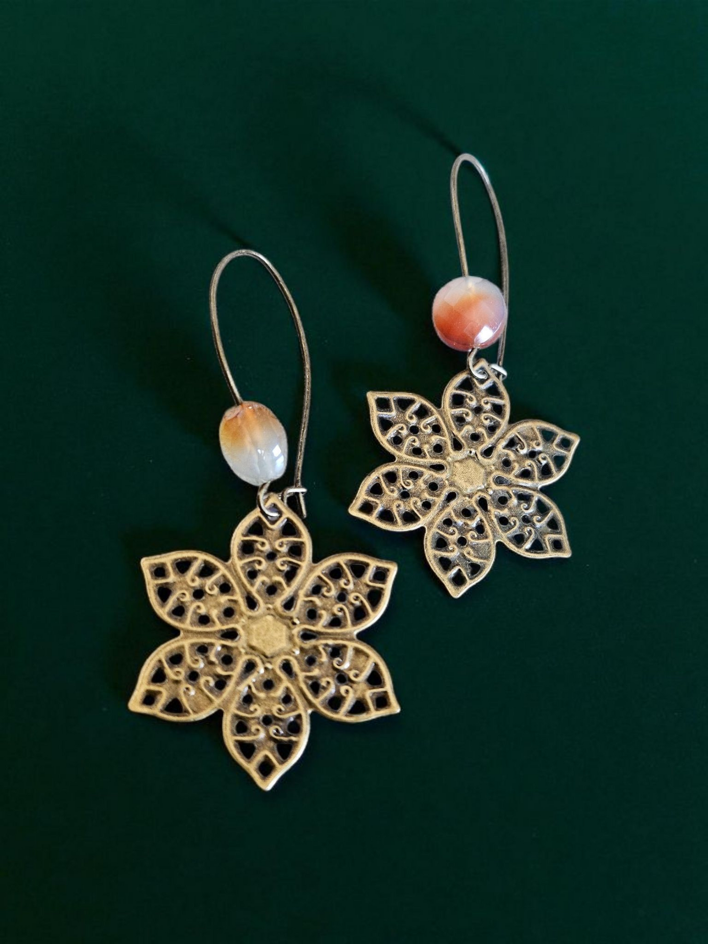 Upcycled Bronze Flowers And Gemstone Beads Dangle Earrings Eco Friendly Sustainable Jewelry