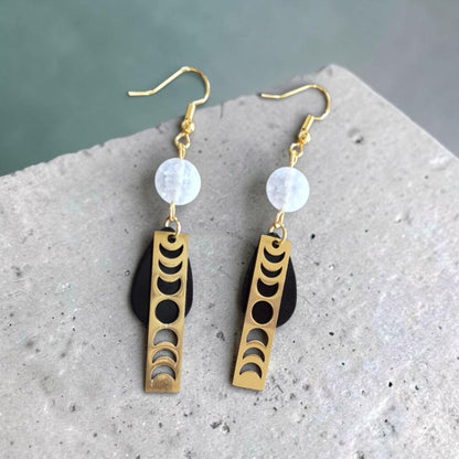 Golden, Black, and Selenite Phases of the Moon Dangle Earrings