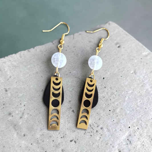 Golden, Black, and Selenite Phases of the Moon Dangle Earrings