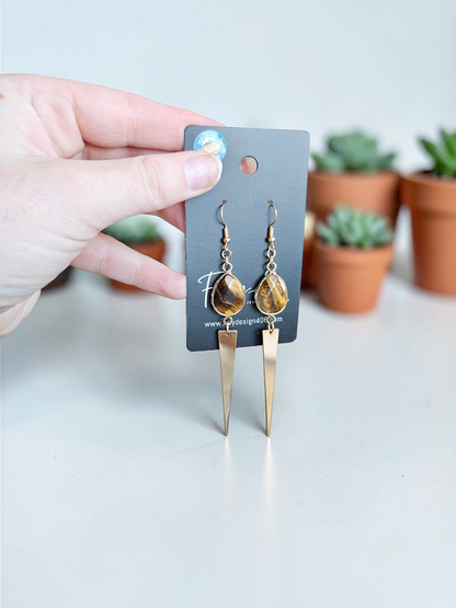 Gemstone Teardrops with Long Golden Point Dangle Earrings