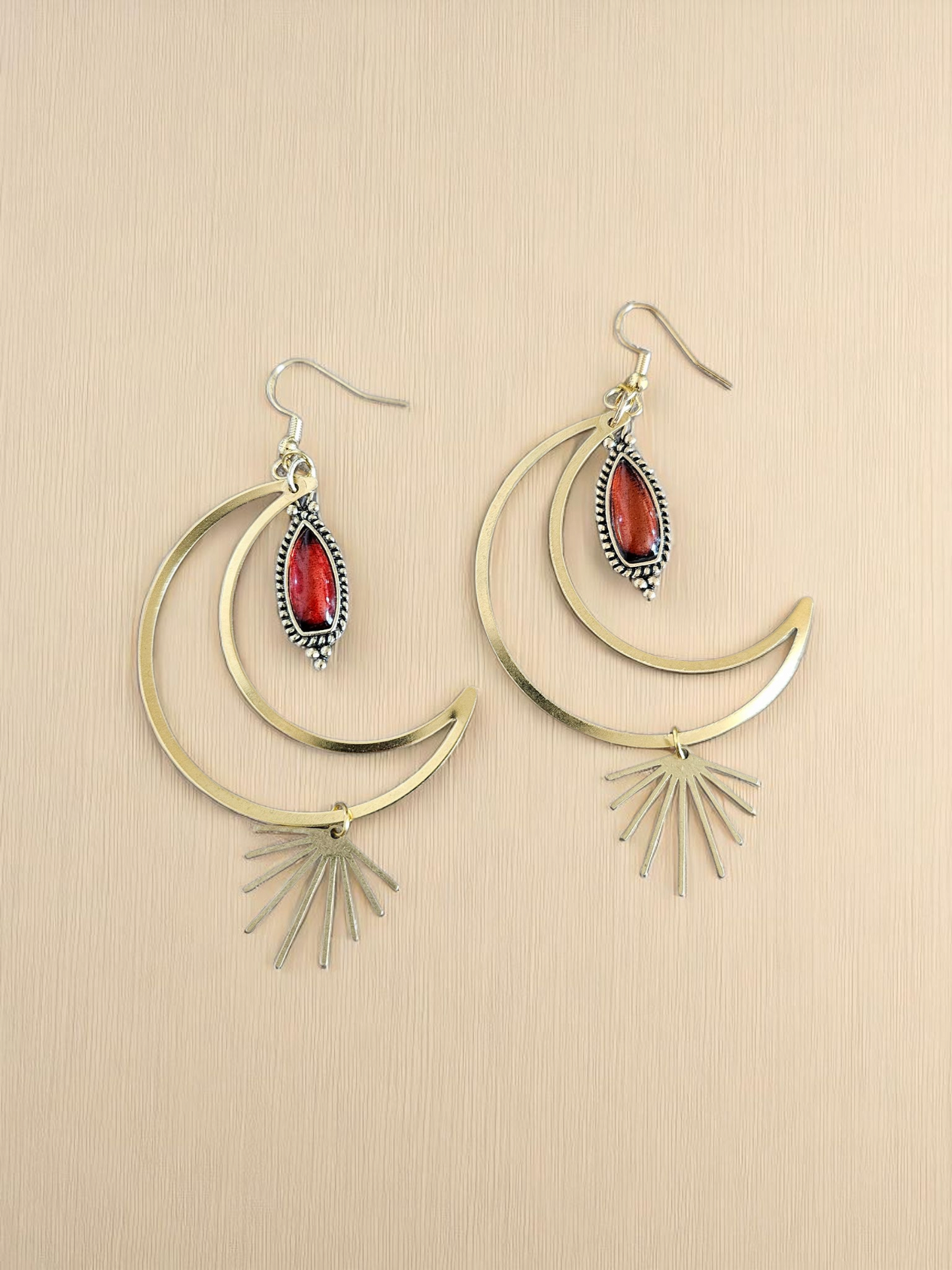 Brass Crescent Moons with Amber Teardrop and Golden Sun Rays Dangle Earrings