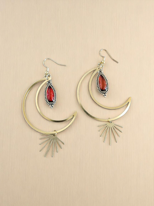 Brass Crescent Moons with Amber Teardrop and Golden Sun Rays Dangle Earrings