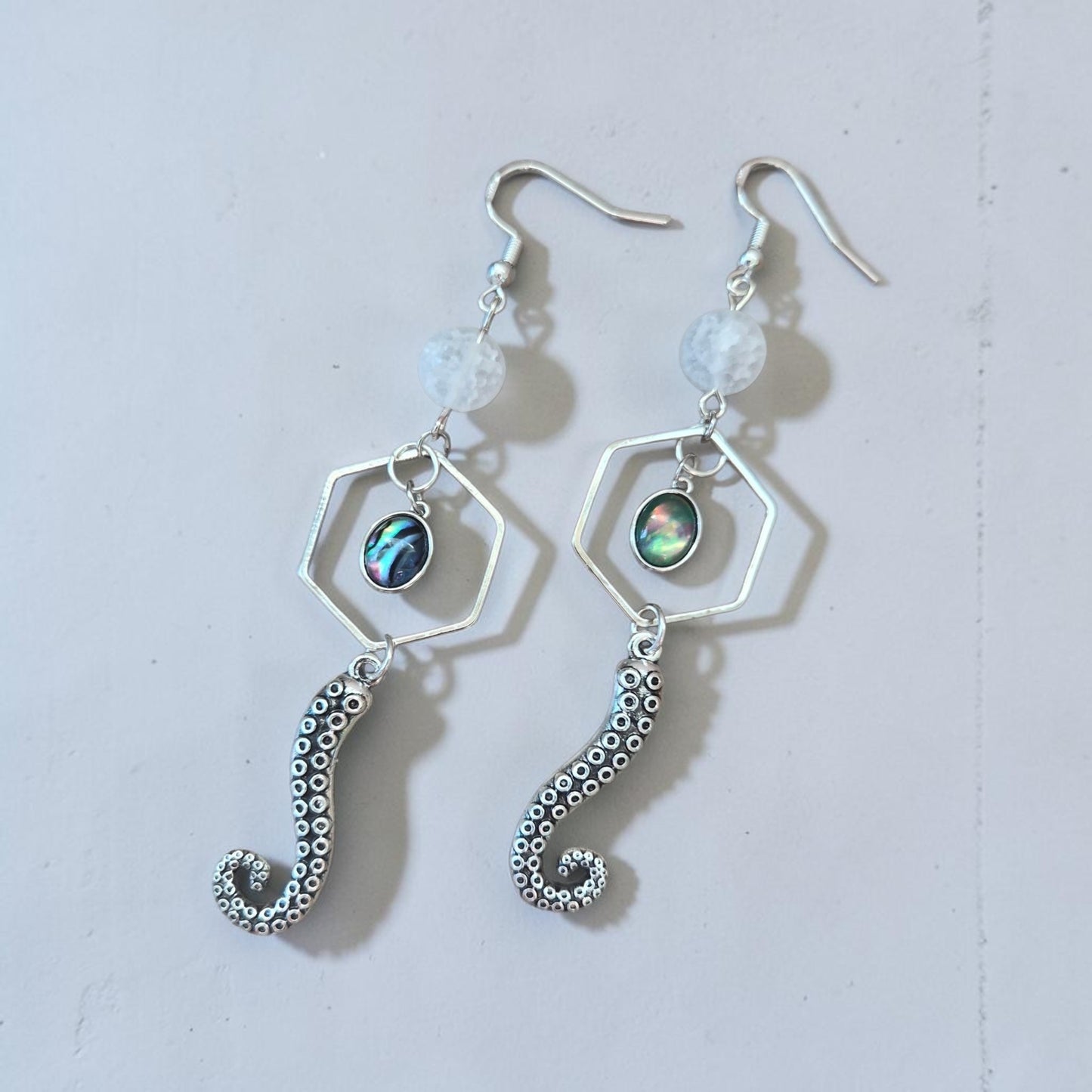 Silver Tentacles with Abalone Charm Dangle Earrings