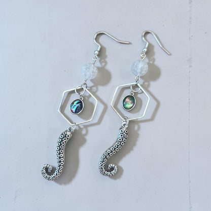 Silver Tentacles with Abalone Charm Dangle Earrings