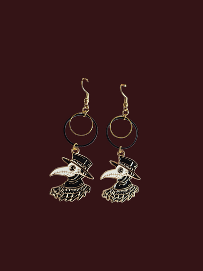 Plague Doctor Gold and Black Dangle Earrings