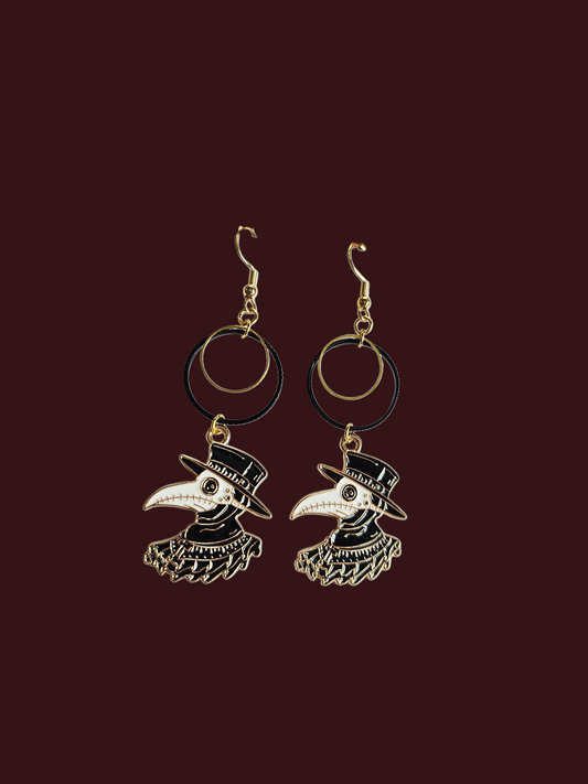 Plague Doctor Gold and Black Dangle Earrings