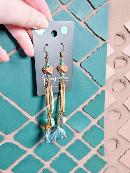 Upcycled Copper Beads with Extra Long Mixed Tassels Dangle Earrings