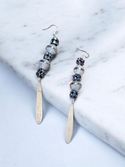 Upcycled Silver Charm Dangle Earrings With Space Bead Eco Friendly Lightweight Statement Jewelry