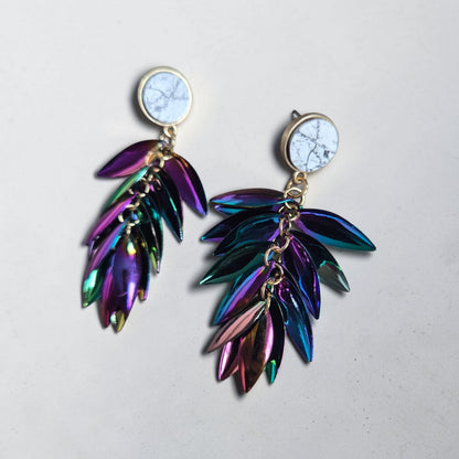Iridescent Feather Cascade on Marbled Stud Earrings