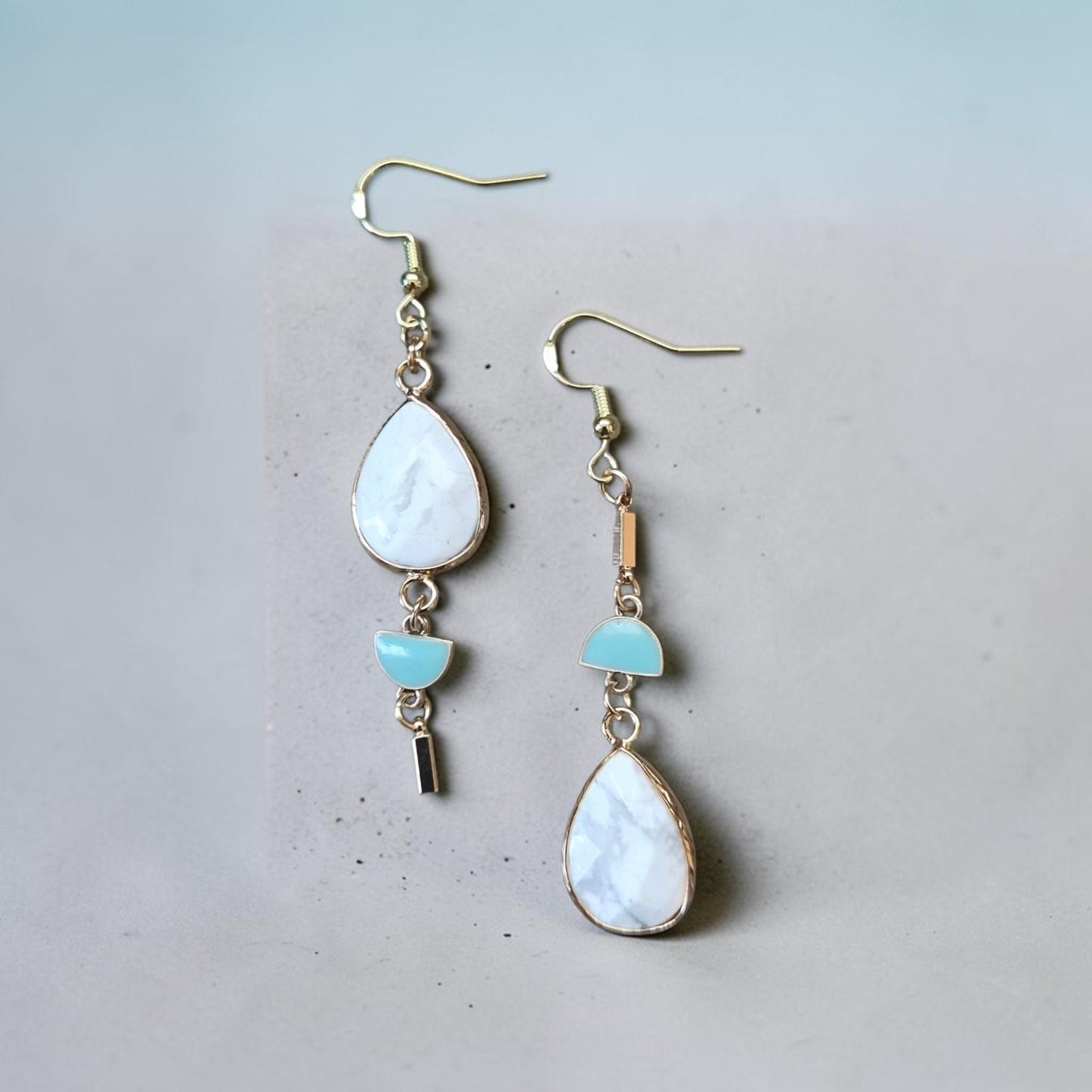 Asymmetrical Howlite Dangle Earrings with Turquoise Accents