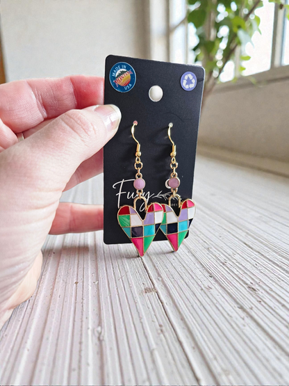 Retro Vibe Multicolored Hearts Upcycled Dangle Earrings