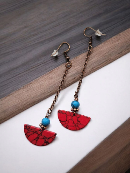 Upcycled Copper and Marbled Red Drop Dangle Earrings