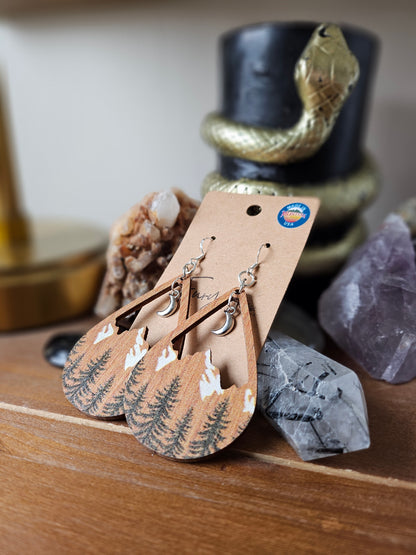 Wooden Dangle Pine Trees on Snow Capped Mountain Earrings