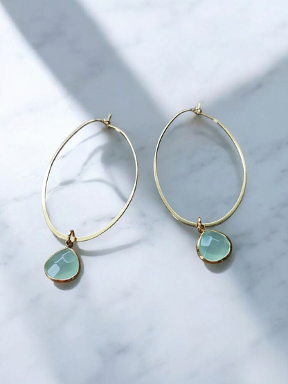 Round Teal Gemstone on Gold Oval Hoops
