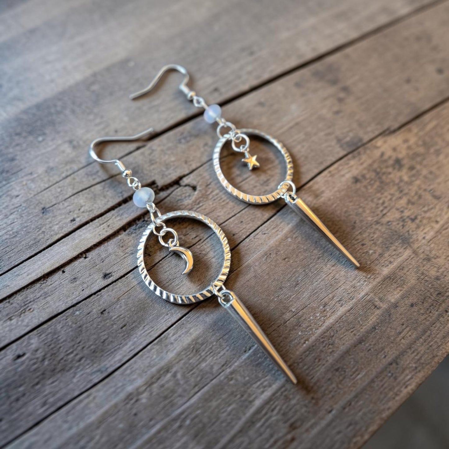 Celestial Silver Upcycled Dangle Earrings with Star and Moon Charms