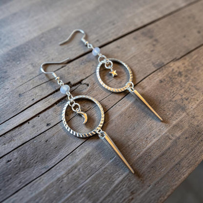 Celestial Silver Upcycled Dangle Earrings with Star and Moon Charms