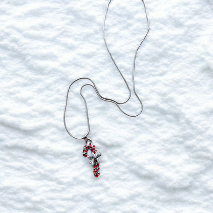 Shimmering Candy Cane on Silver Necklace Holiday Jewelry