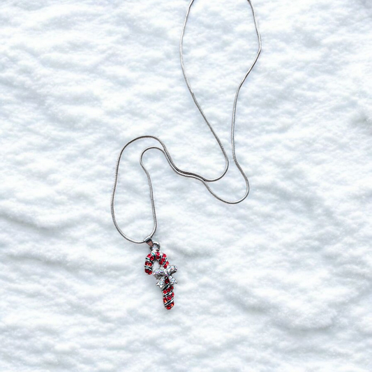 Shimmering Candy Cane on Silver Necklace Holiday Jewelry