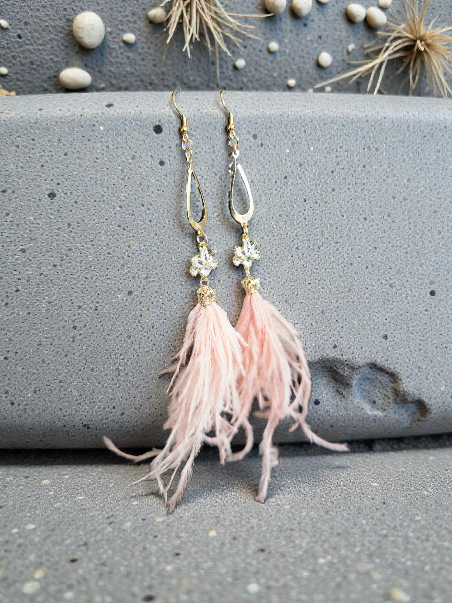 Glam Pink Feathers on Gold Dangle Long Dangle Earrings