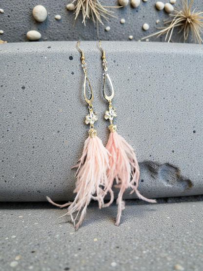 Glam Pink Feathers on Gold Dangle Long Dangle Earrings