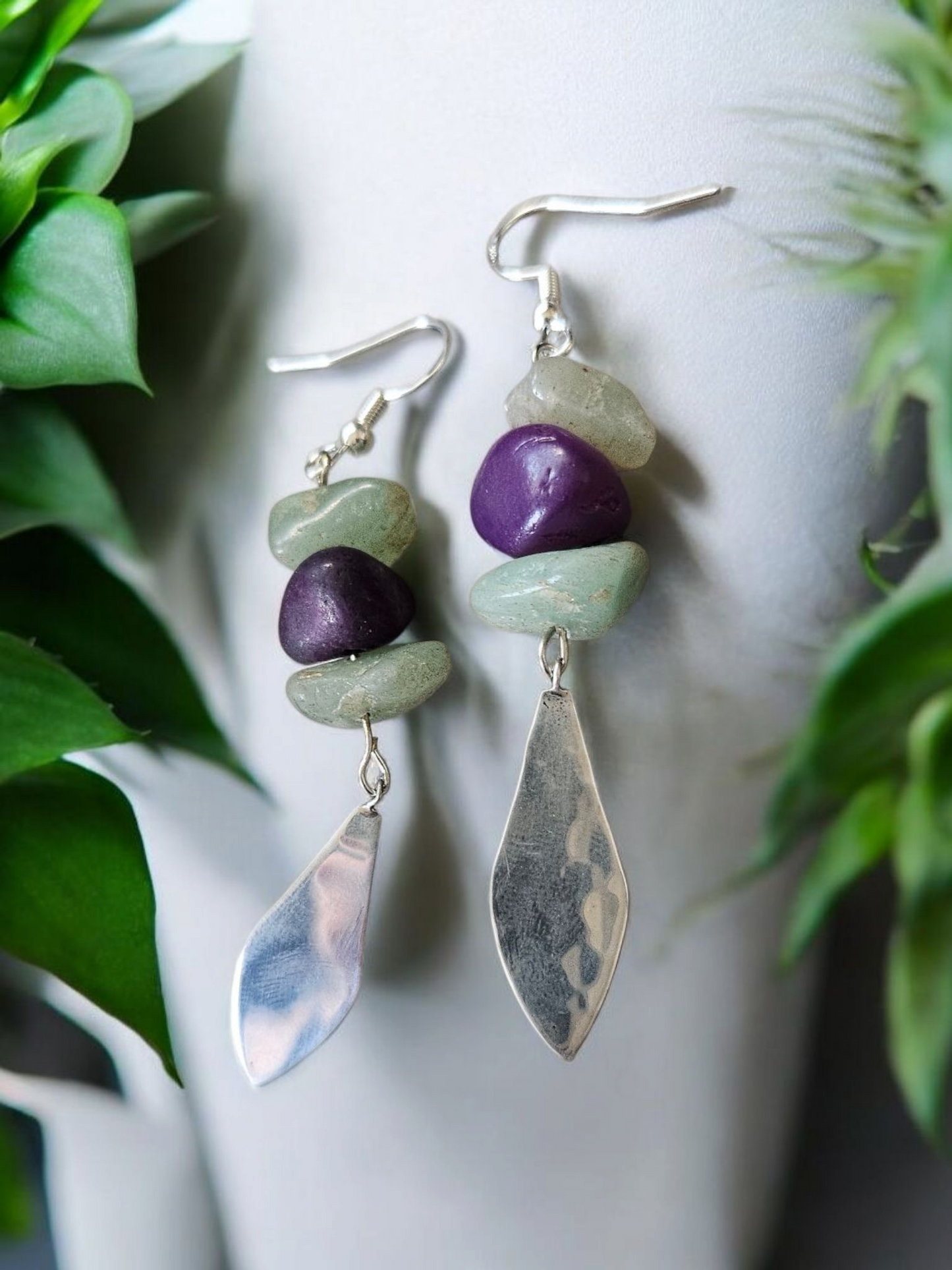 Upcycled Gemstones and Silver Charm Dangle Earrings