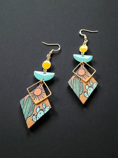 Upcycled Colorful Wooden Cactus Dangle Earrings with Teal and Yellow Accents