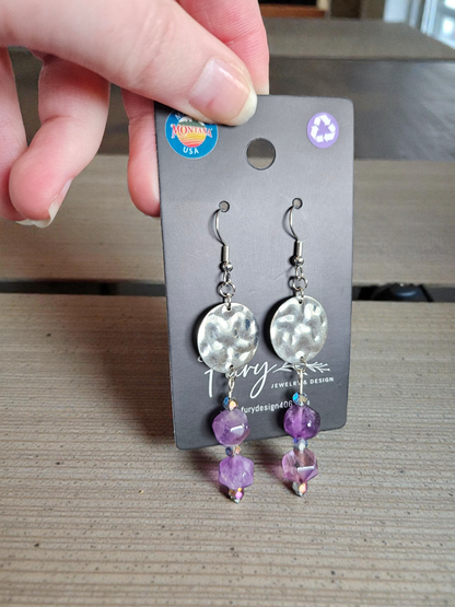 Genuine Amethyst Beads on Silver Medallion Dangle Earrings