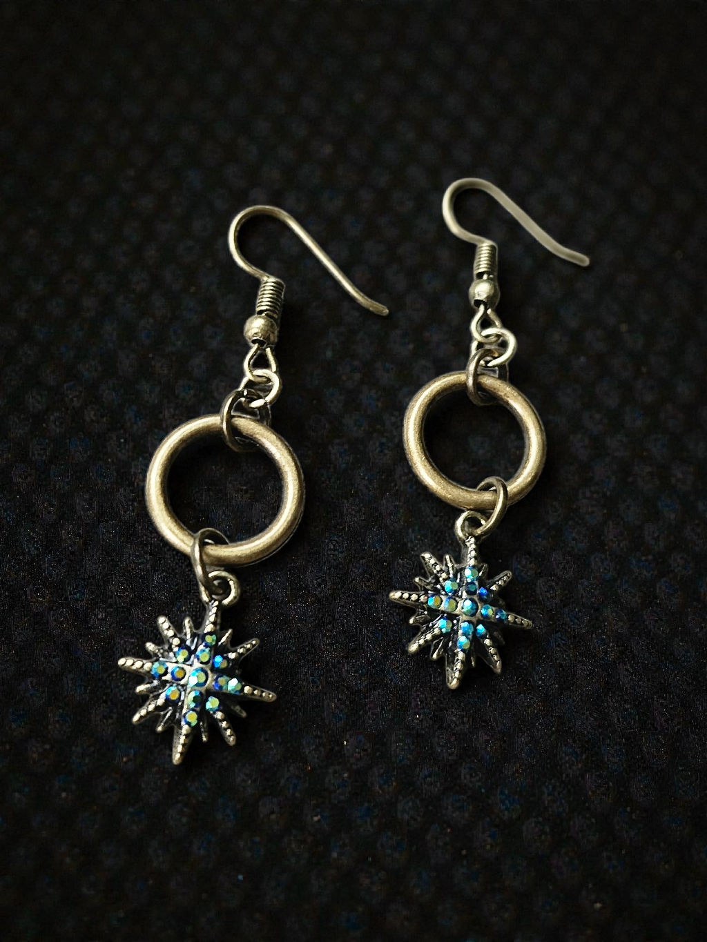Upcycled Brass Ring with Iridescent Starburst Charm Dangle Earrings