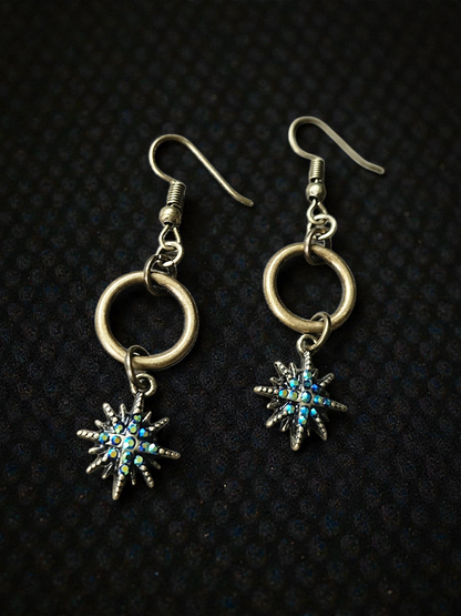 Upcycled Brass Ring with Iridescent Starburst Charm Dangle Earrings