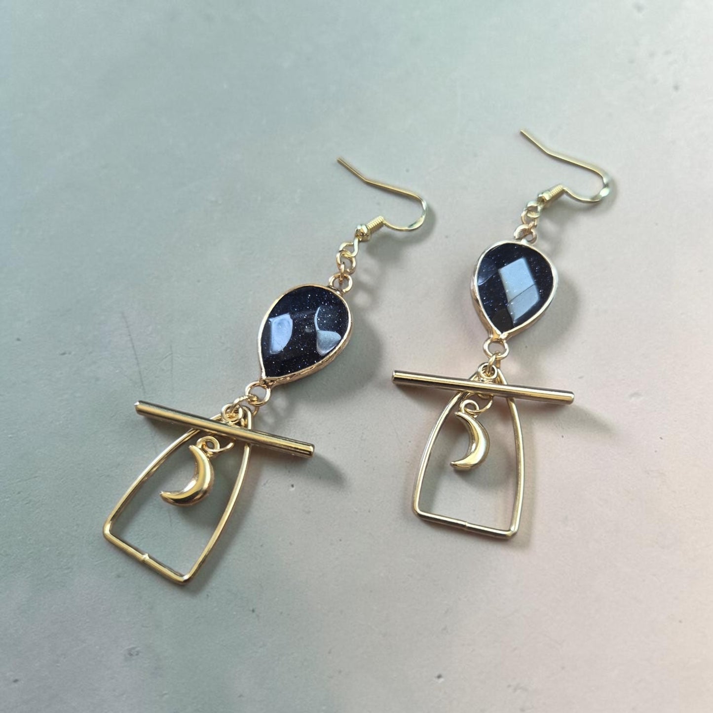Blue Goldstone with Golden Geometric Shapes Dangle Earrings