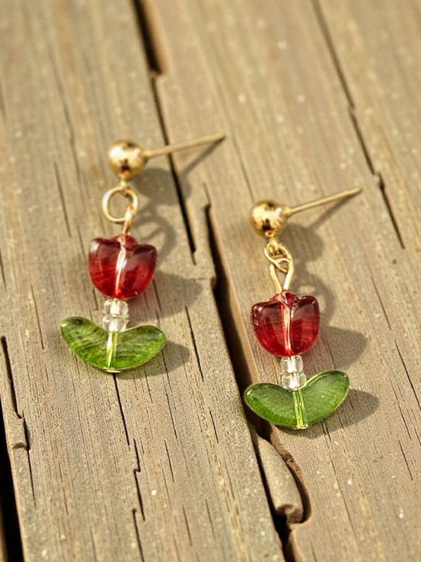 Deep Red Tulip on Gold Dangle Stud Earrings