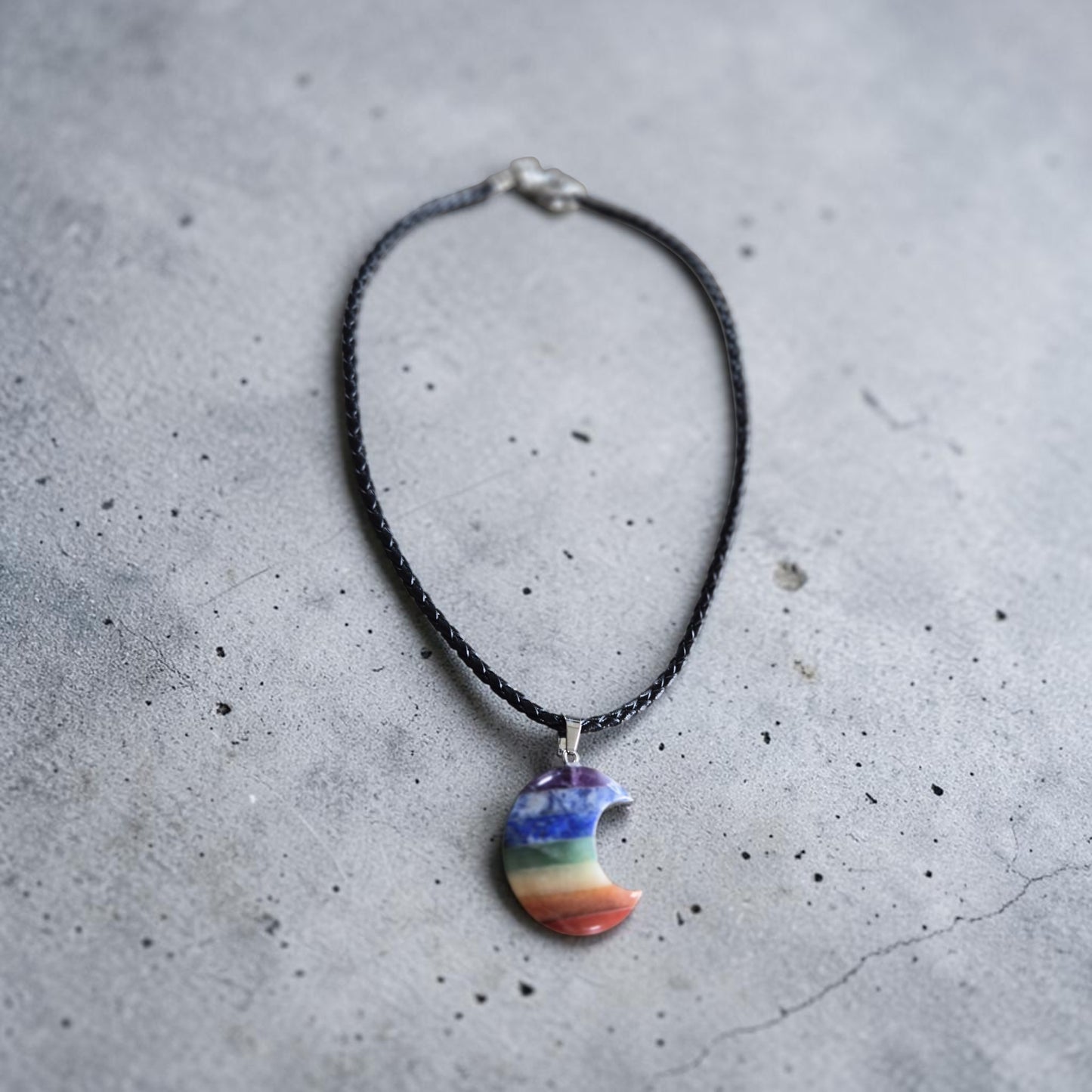 Rainbow Crescent Moon on Braided Leather Necklace