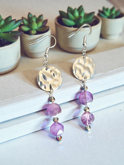 Genuine Amethyst Beads on Silver Medallion Dangle Earrings
