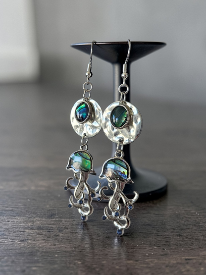 Silvery Abalone Jellyfish on Silvery Circles Dangle Earrings