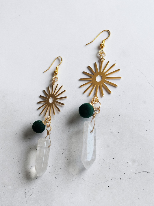 Quartz Crystal Points on Golden Suns with Emerald Felt Accent Upcycled Dangle Earrings