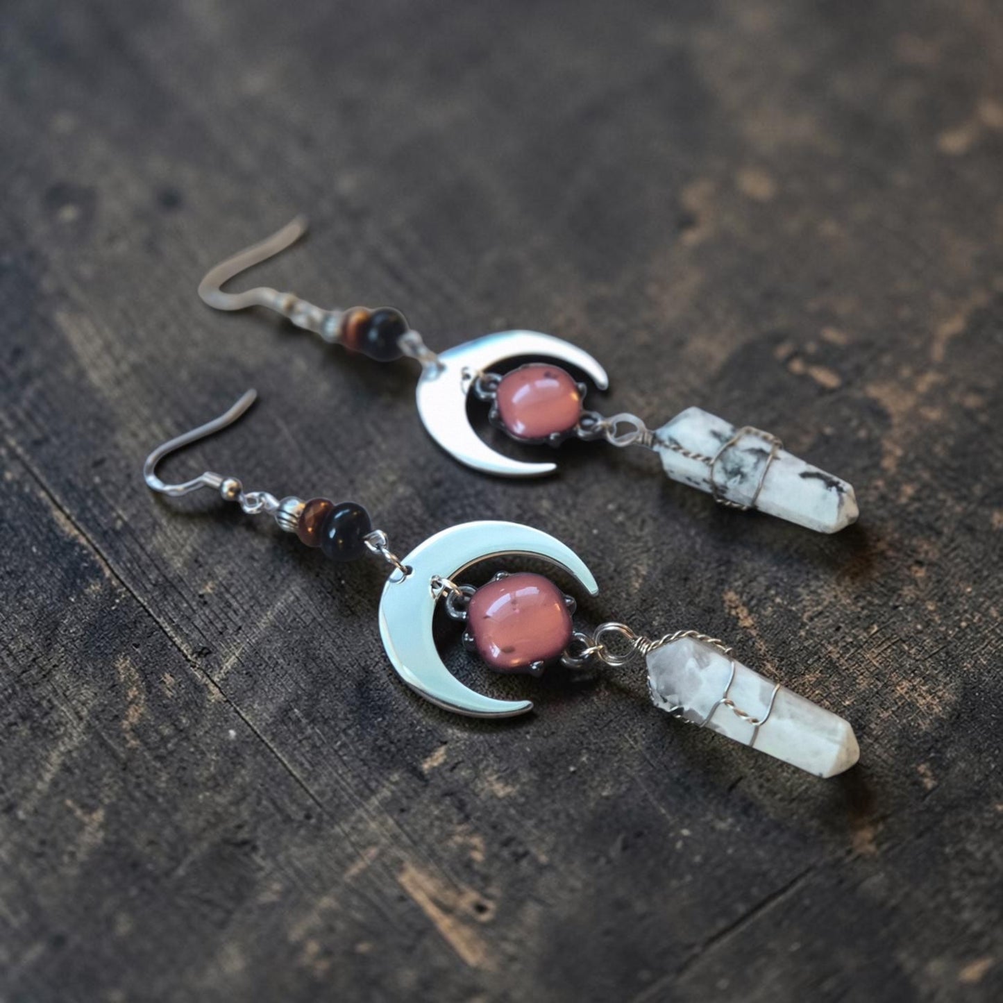 Celestial Silver Moons with Genuine Selenite Crystals Dangle Earrings