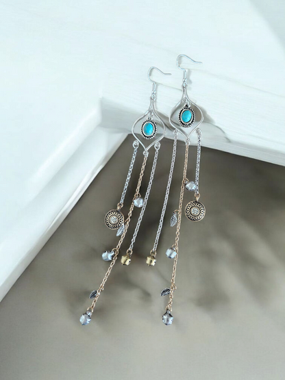 Upcycled Silver, Gold, and Teal Bell Tassles Long Dangle Earrings