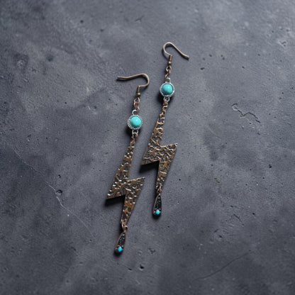 Copper and Turquoise Abstract Lightning Bolts Western Earrings