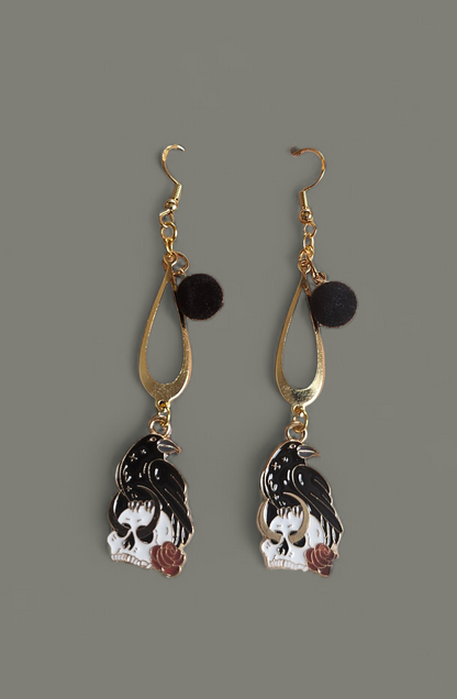 Gold and Black Raven Rose Dangle Earrings