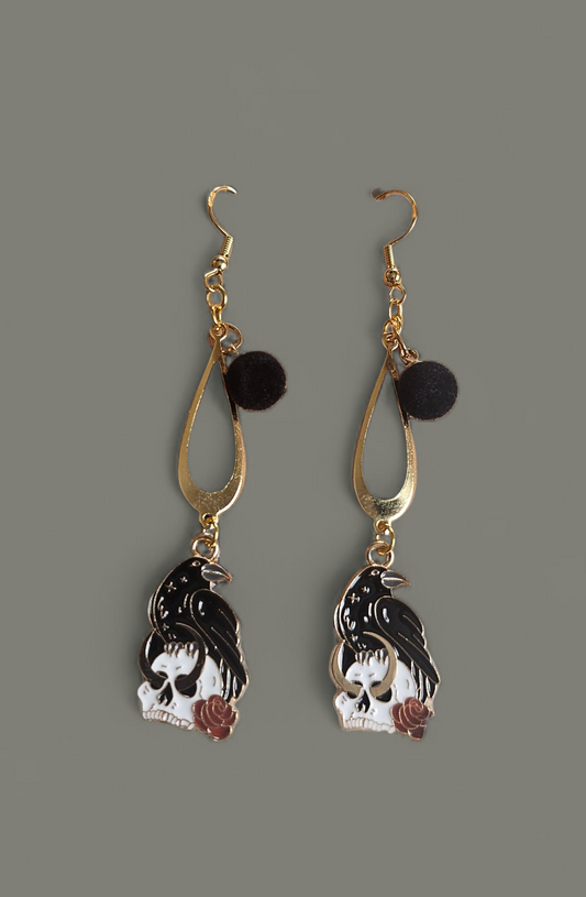 Gold and Black Raven Rose Dangle Earrings