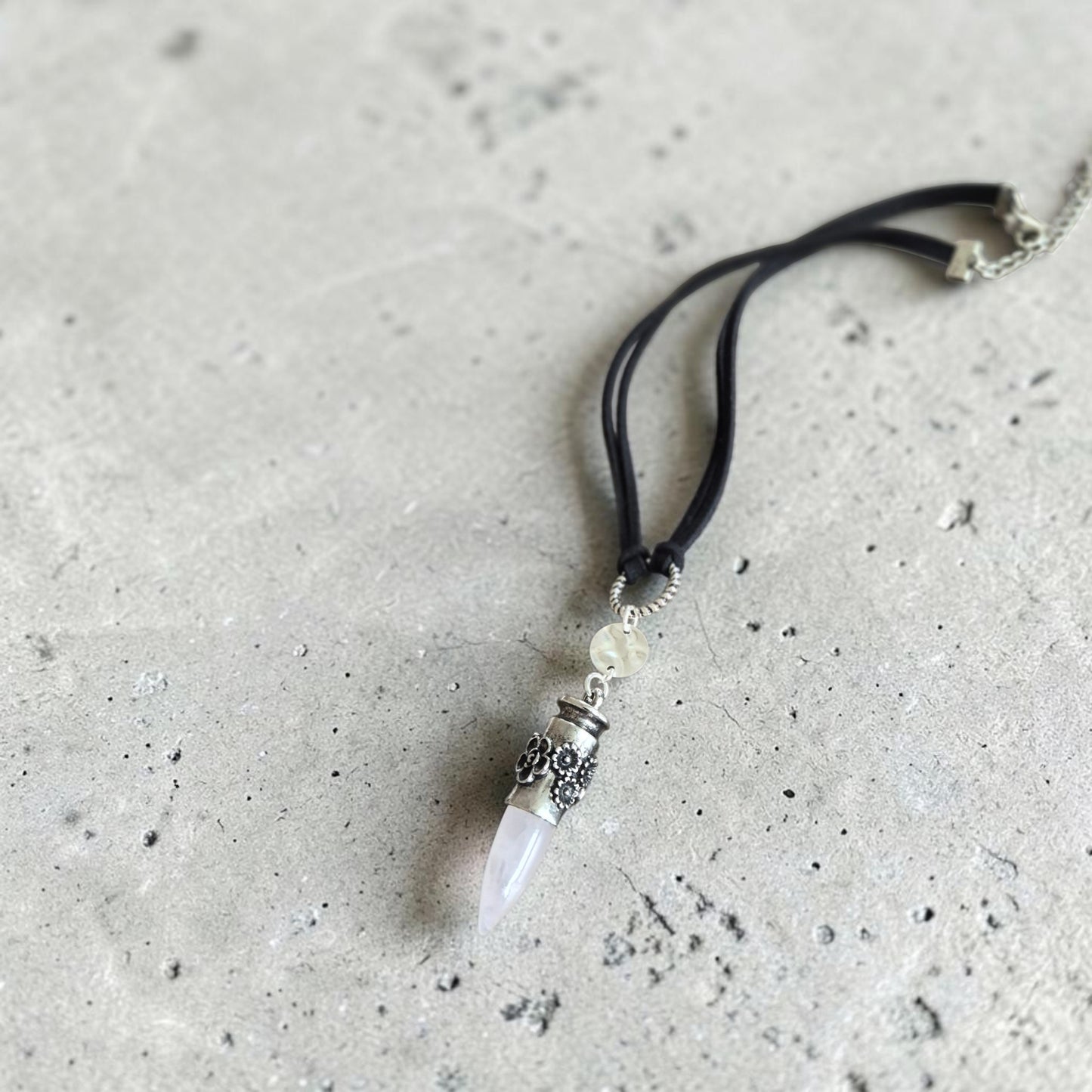 Rose Quartz Bullet on Black Leather Choker Necklace