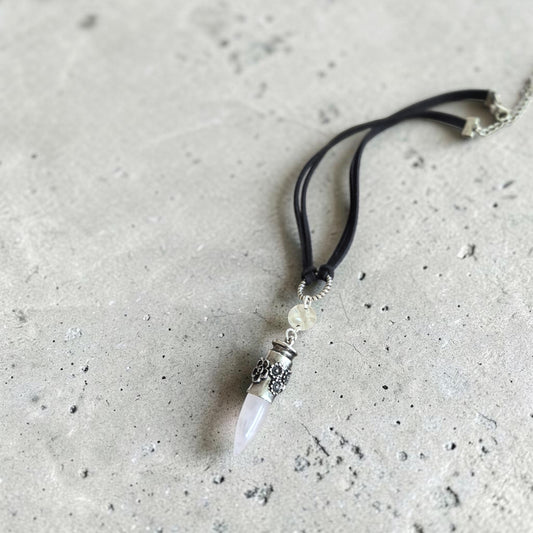 Rose Quartz Bullet on Black Leather Choker Necklace