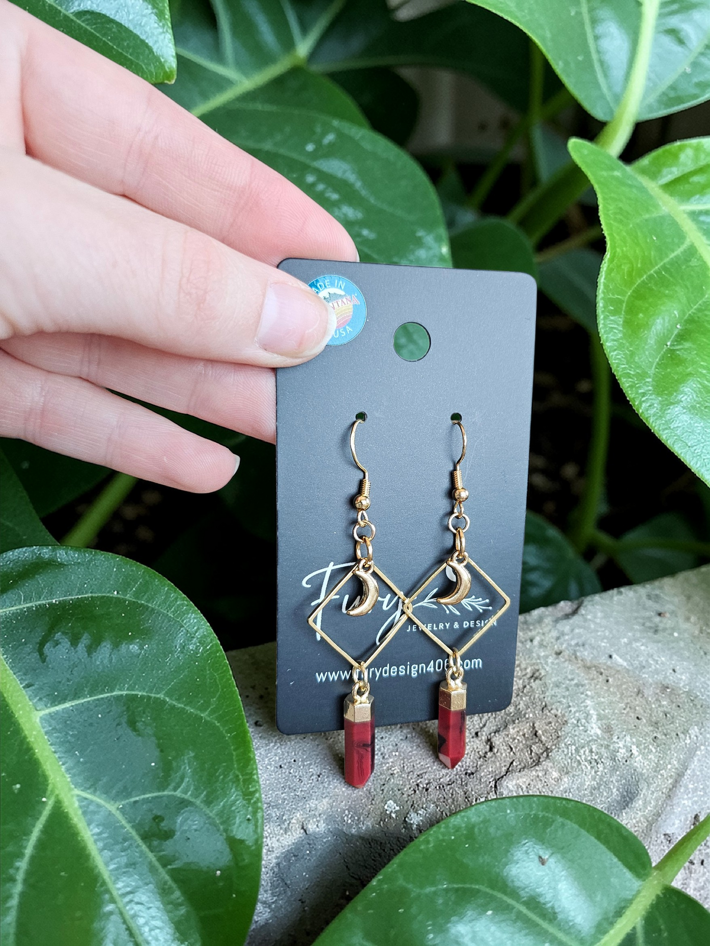 Red Jasper Points on Geometric Gold Dangle Earrings with Moons