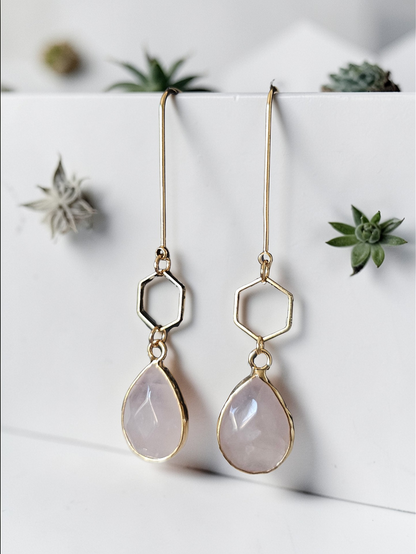 Teardrop Gemstones and Hexagons on Golden U-shaped Earrings
