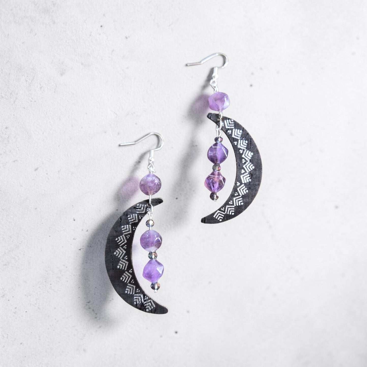 Crescent Moons and Amethyst Bead Upcycled Dangle Earrings